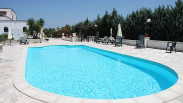 Seasonal outdoor pool, pool umbrellas, pool loungers