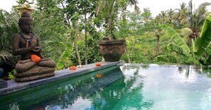 Uma área de piscina tranquila com uma estátua de Buda, vegetação exuberante e uma estrutura de pedra.