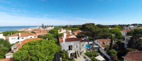A residential area with houses, a swimming pool, and a view of the sea.