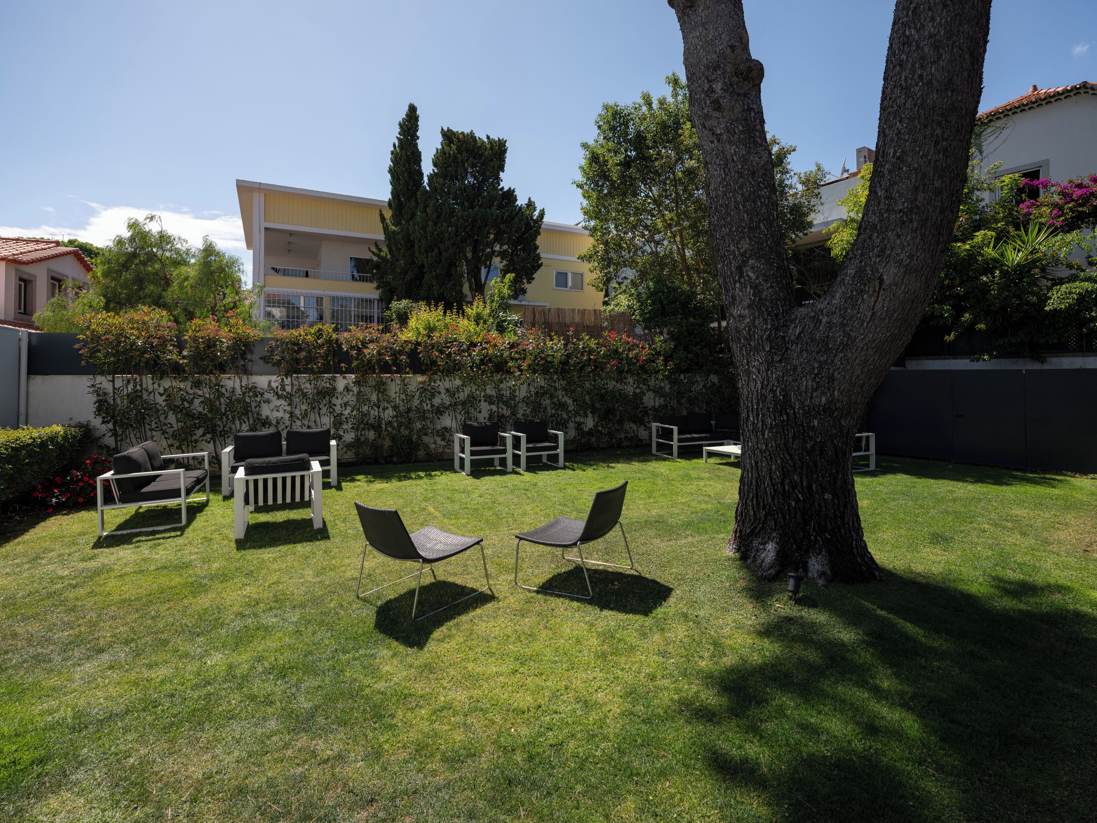 A well-maintained grassy outdoor area with outdoor furniture, a tree, and a building in the background.