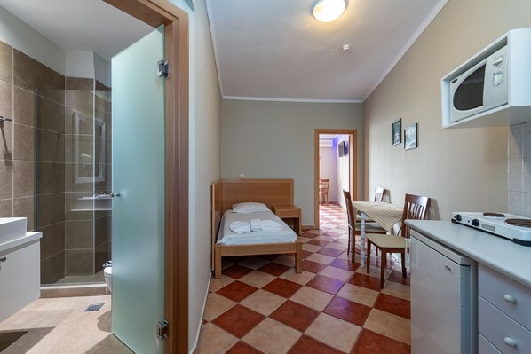 Una habitación de hotel con cama, ducha, comedor y kitchenette.