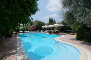 Outdoor pool, open 8:00 AM to 8:00 PM, pool umbrellas, pool loungers