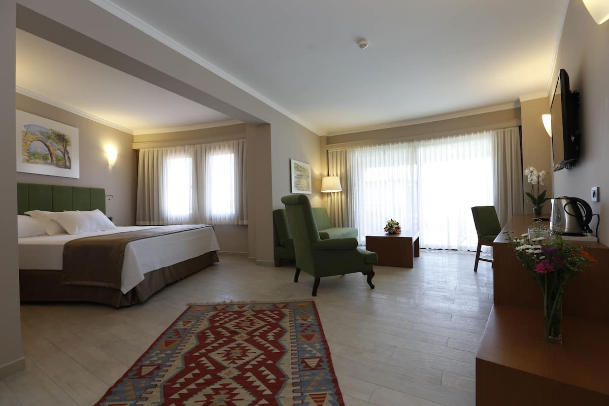 Une chambre d’hôtel avec un lit, un fauteuil vert, un bureau avec une lampe et un téléviseur.