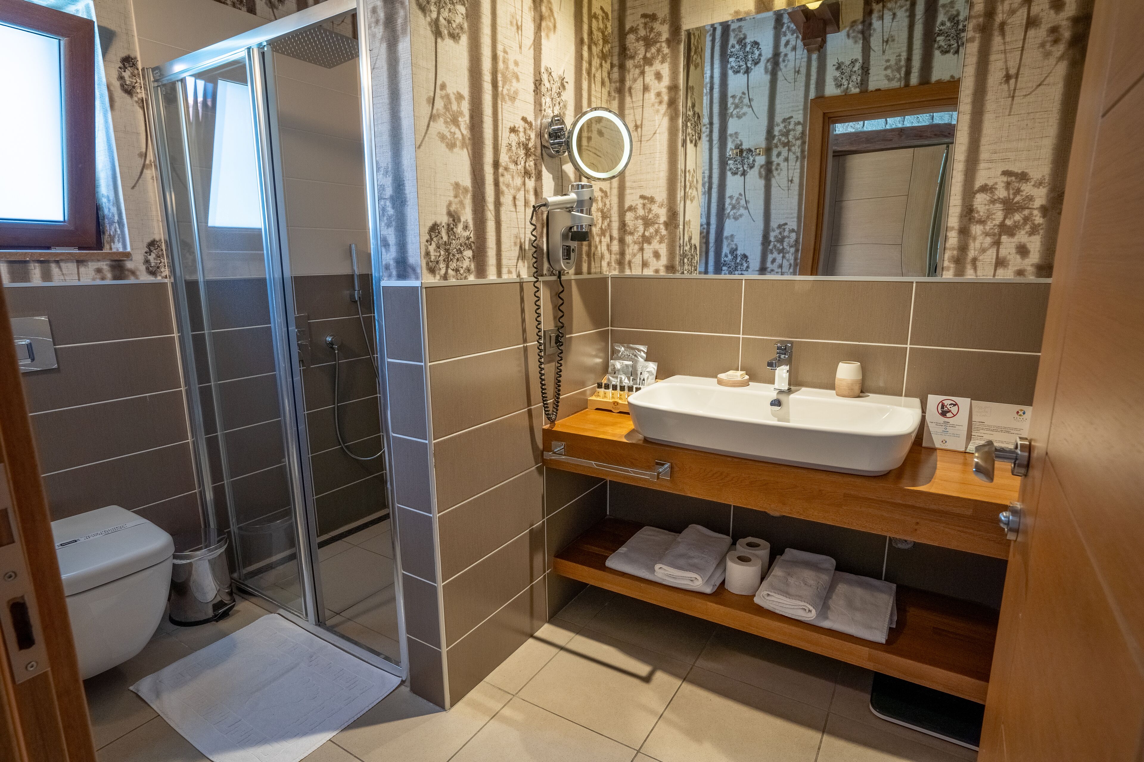 stone double room | bathroom | shower, hair dryer, bathrobes, slippers