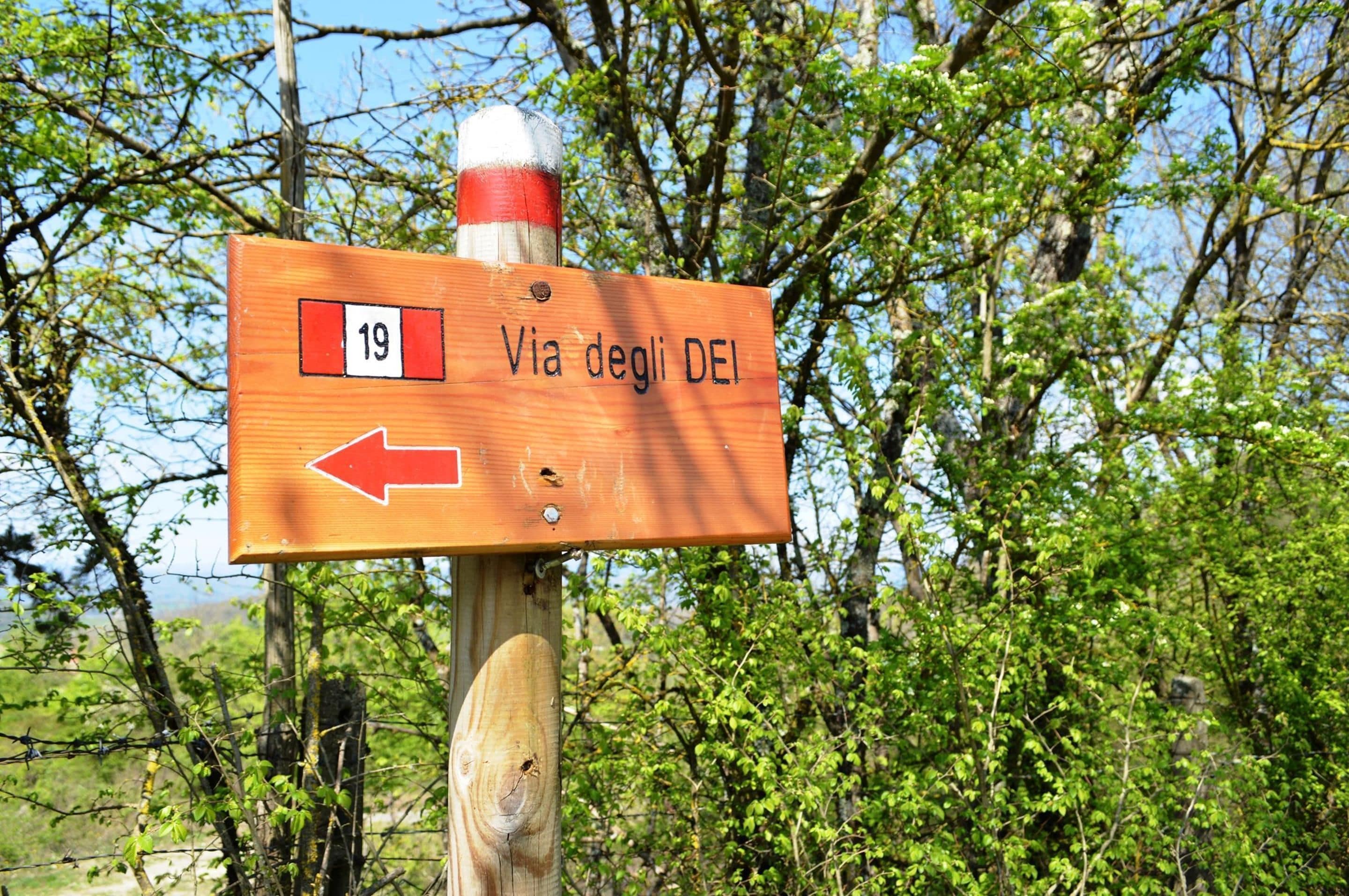 A wooden signpost with an arrow pointing left and the text "Via degli DEI" and the number "19".