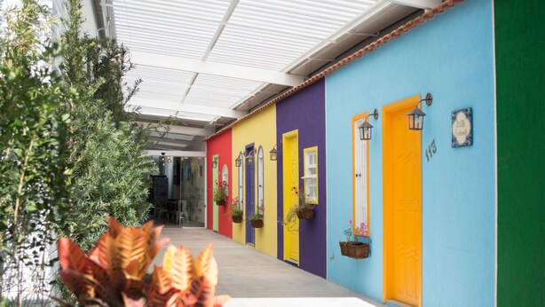 Un pasillo con puertas de colores y macetas colgantes de flores.