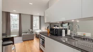 Superior Studio | Private kitchen | Fridge, microwave, coffee/tea maker, cookware/dishes/utensils