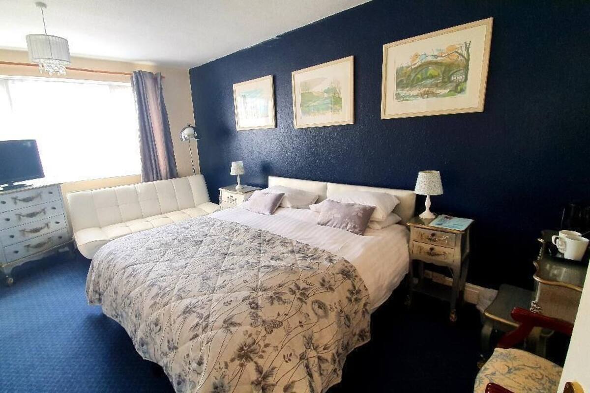 Een slaapkamer met een bed, nachtkastjes, een dressoir, een televisie en kunst aan de muur.