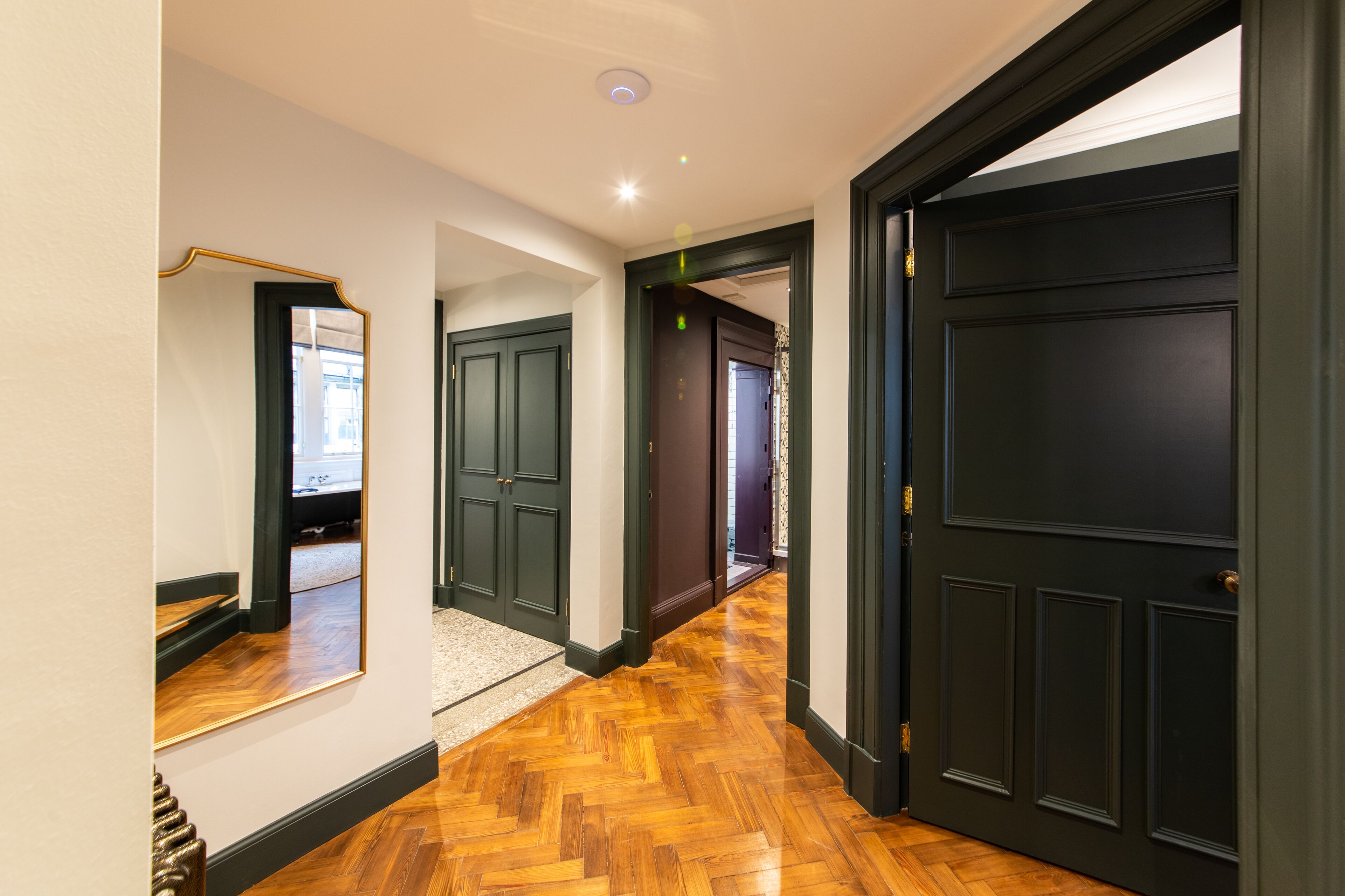 A hallway with wooden flooring, dark doors, and a mirror on the left wall.
