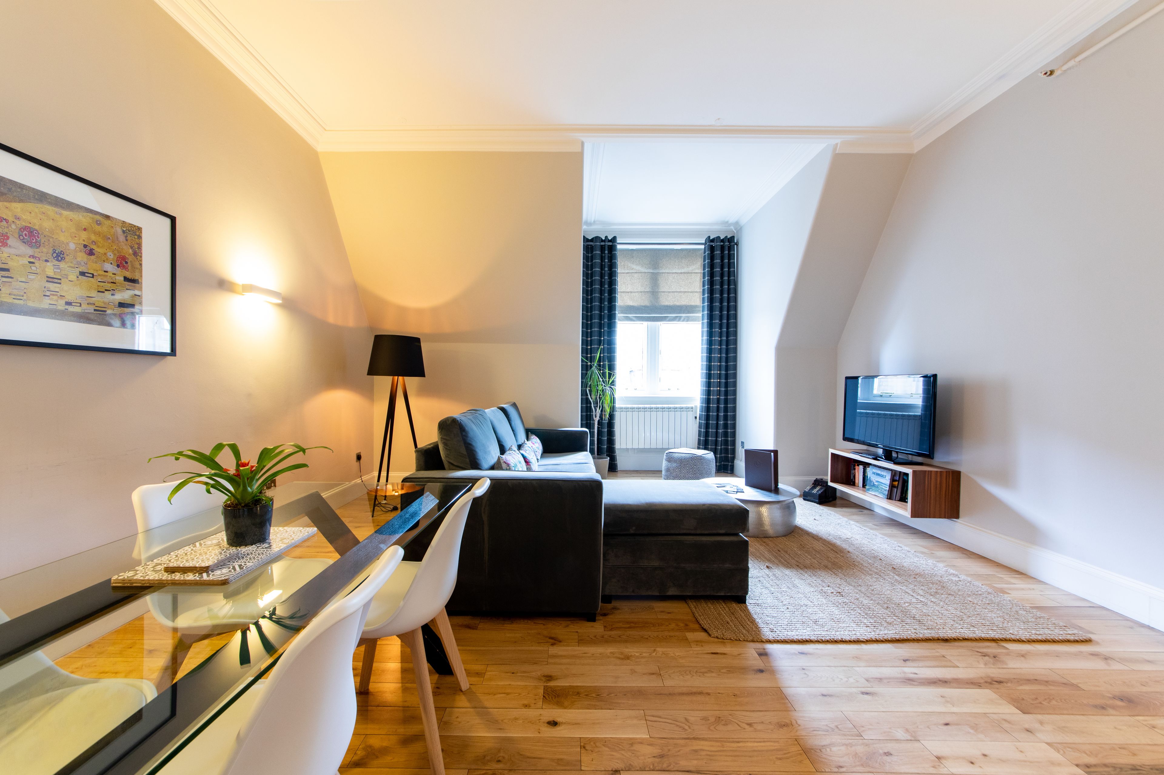 Een moderne woonkamer met een bank, een glazen eettafel, een televisie en een potplant.