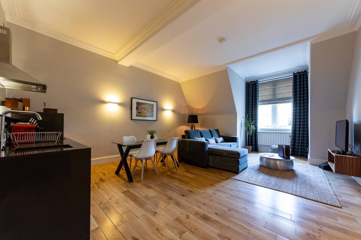 North Bridge Lofts, luxury one bedroom | Salle de séjour | Télévision à écran plat de 45 pouces avec chaînes numériques