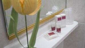A bathroom shelf with toiletries and a mirror. - Blue Sky (Rimini)