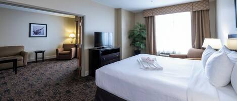 A hotel room with a bed, a TV, a desk, a chair, a sofa, and a plant.