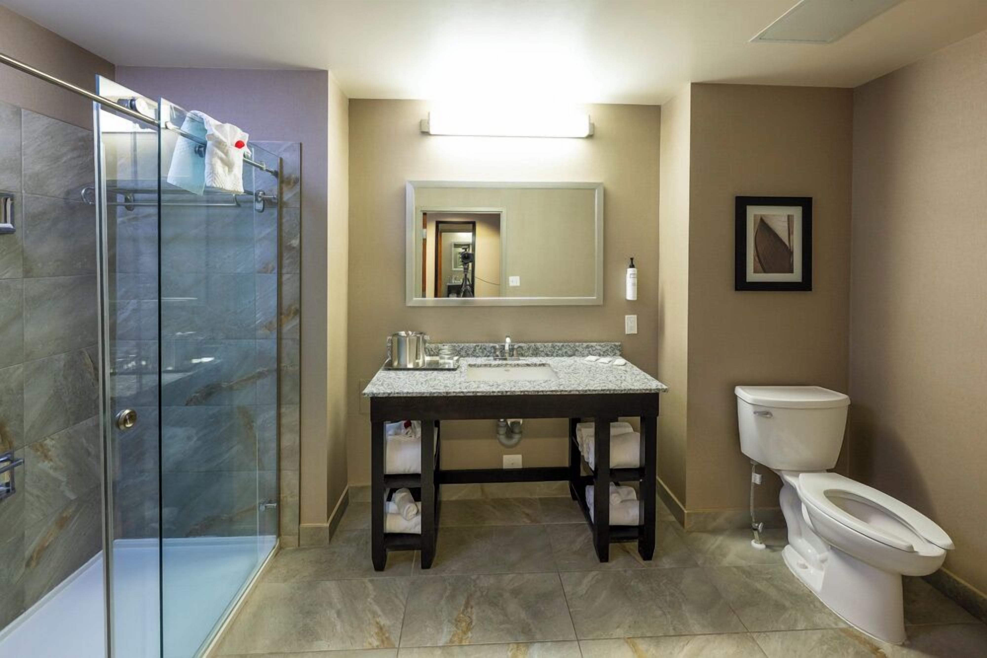 A bathroom with a glass shower enclosure, a sink with a mirror above, and a toilet.