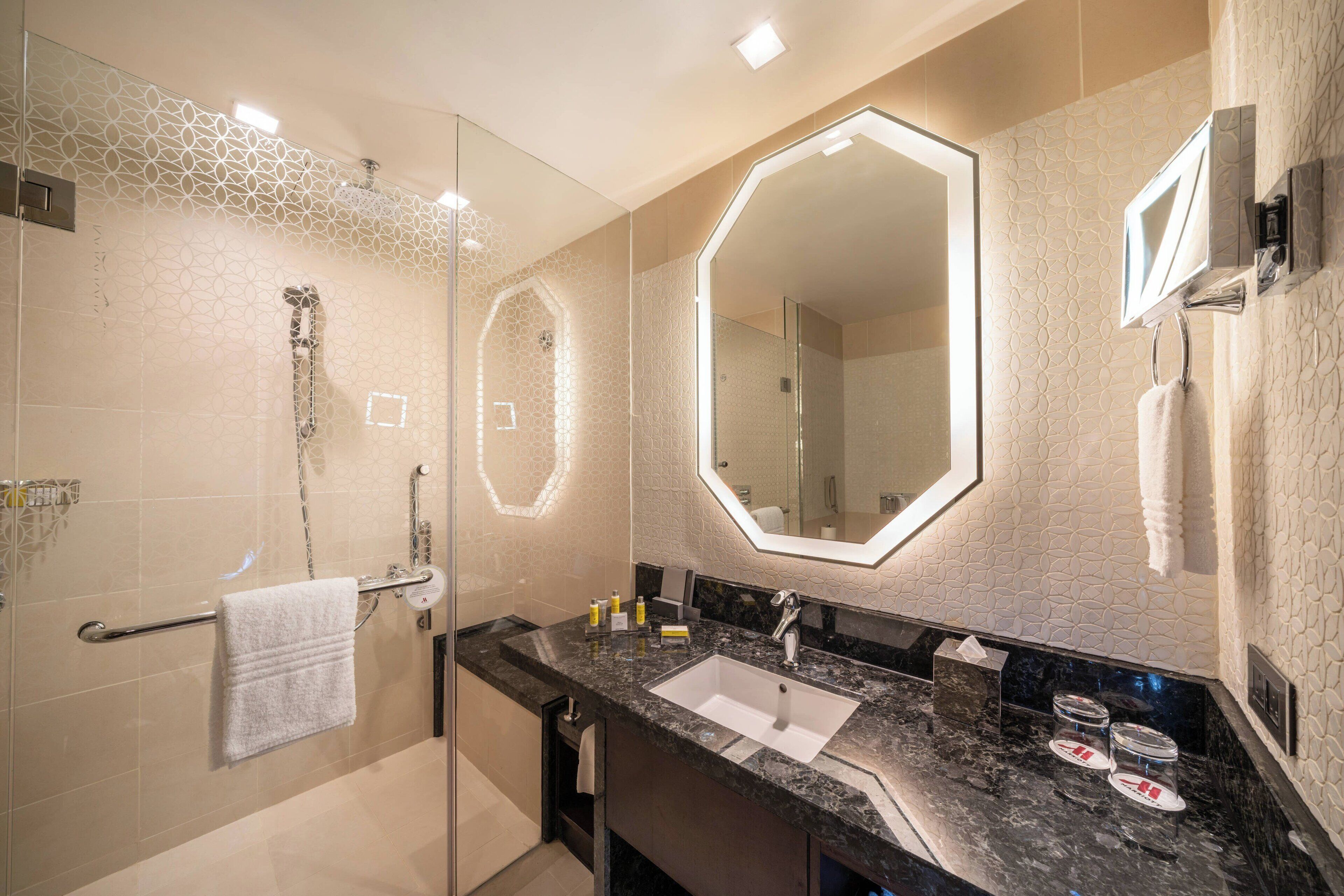 separate bathtub and shower, free toiletries, hair dryer, bathrobes