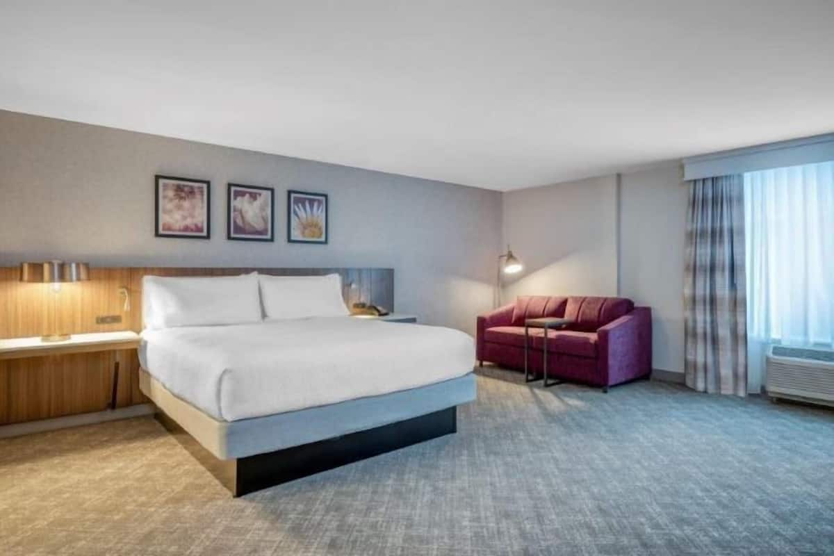 Desk, laptop workspace, blackout curtains, free WiFi