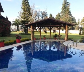 Une piscine agrémentée d’un gazebo en bois, entourée de plantes en pot et d’arbres.