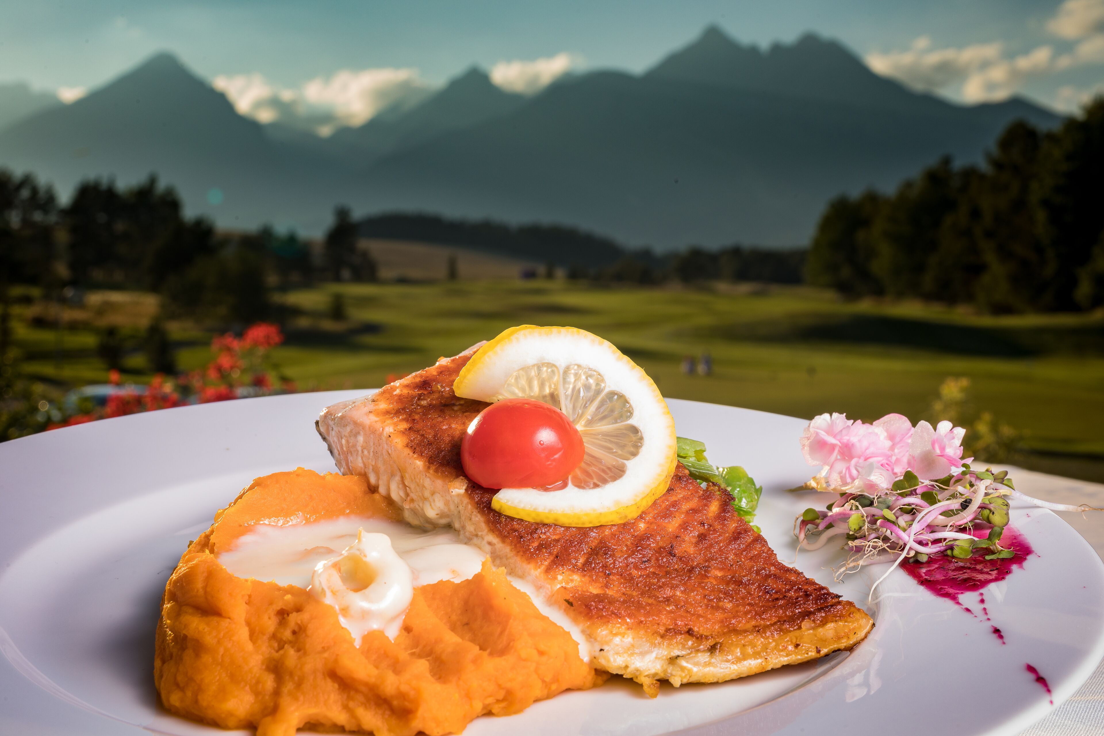 A plate of food with a mountain view in the background.