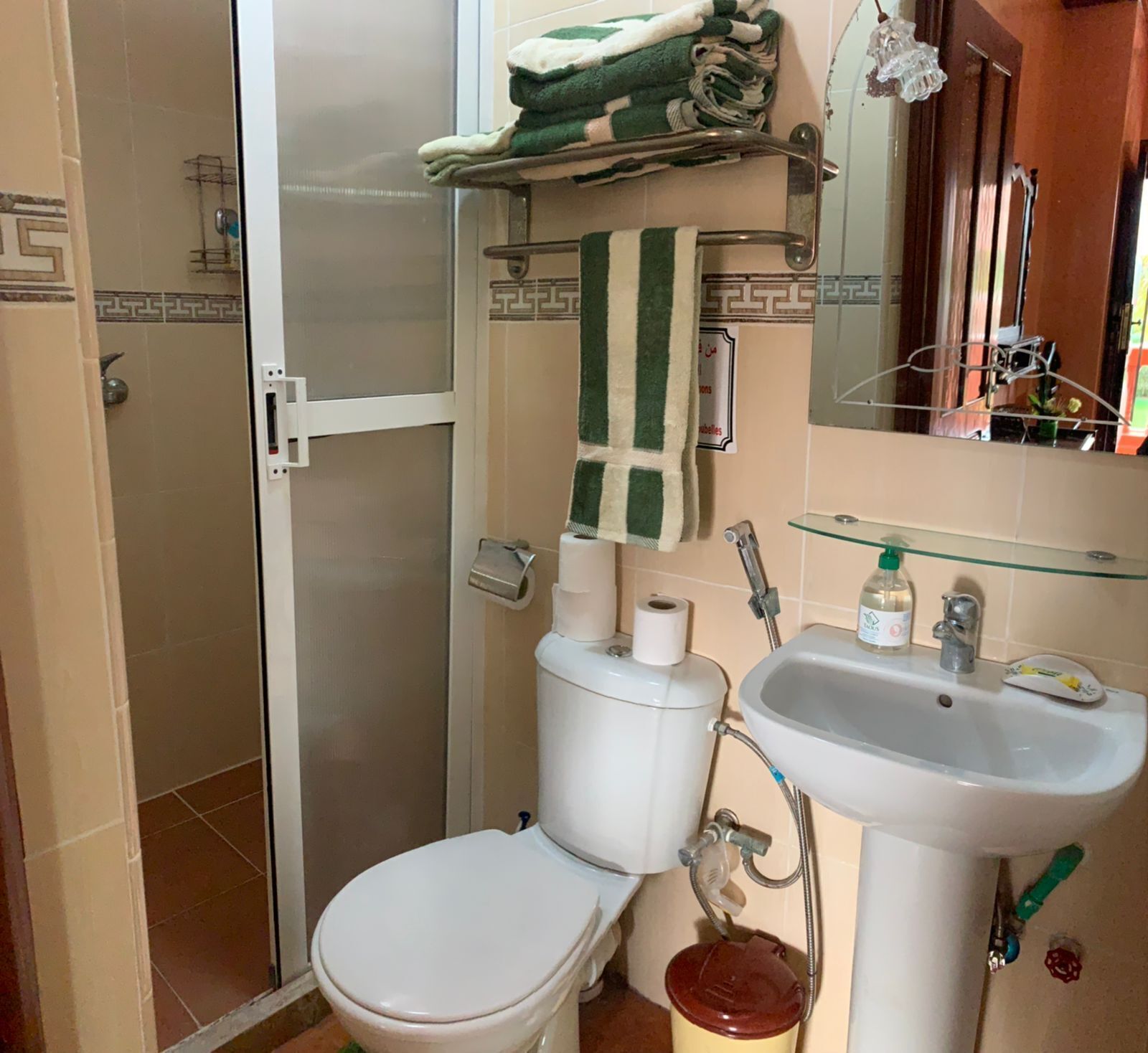 A bathroom with a toilet, sink, and shower.