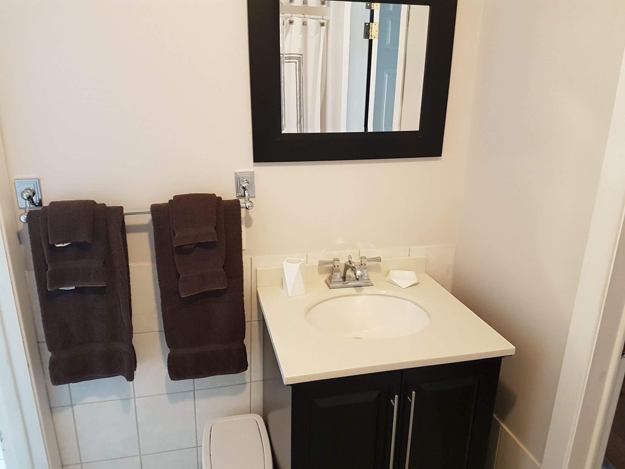 Une salle de bain avec deux serviettes suspendues à un porte-serviettes, un lavabo avec un miroir au-dessus et des toilettes.