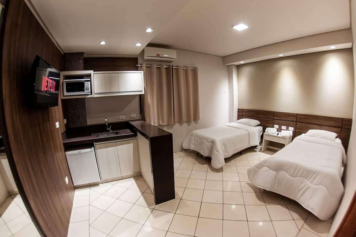 Hypo-allergenic bedding, pillow-top beds, minibar, desk