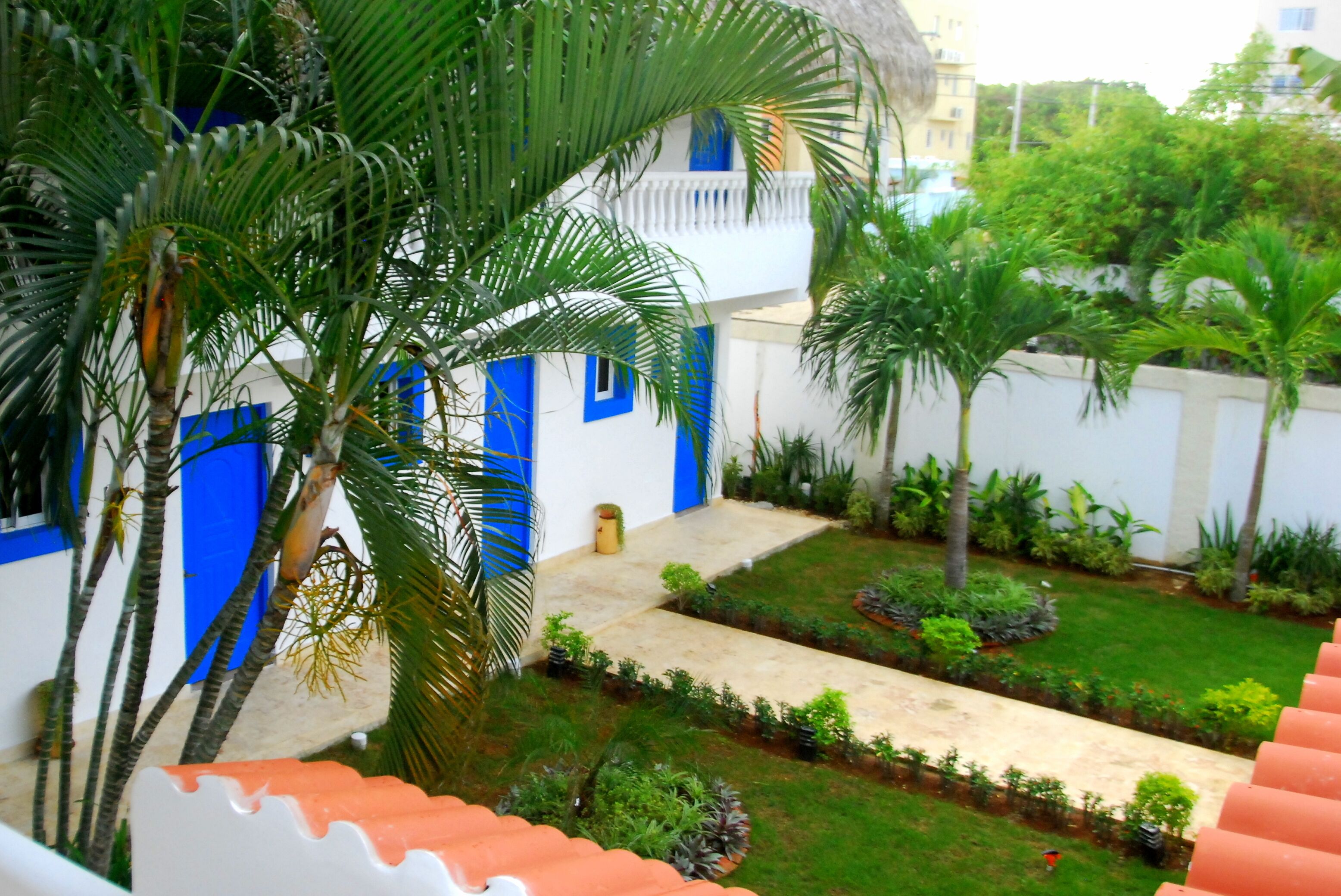 Un patio con un edificio blanco, con puertas y ventanas azules, rodeado de palmeras y un jardín bien cuidado.