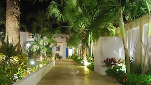 A pathway lined with palm trees and plants, leading to a building with a white facade and blue accents. - Hotel Playa Catalina (La Romana)