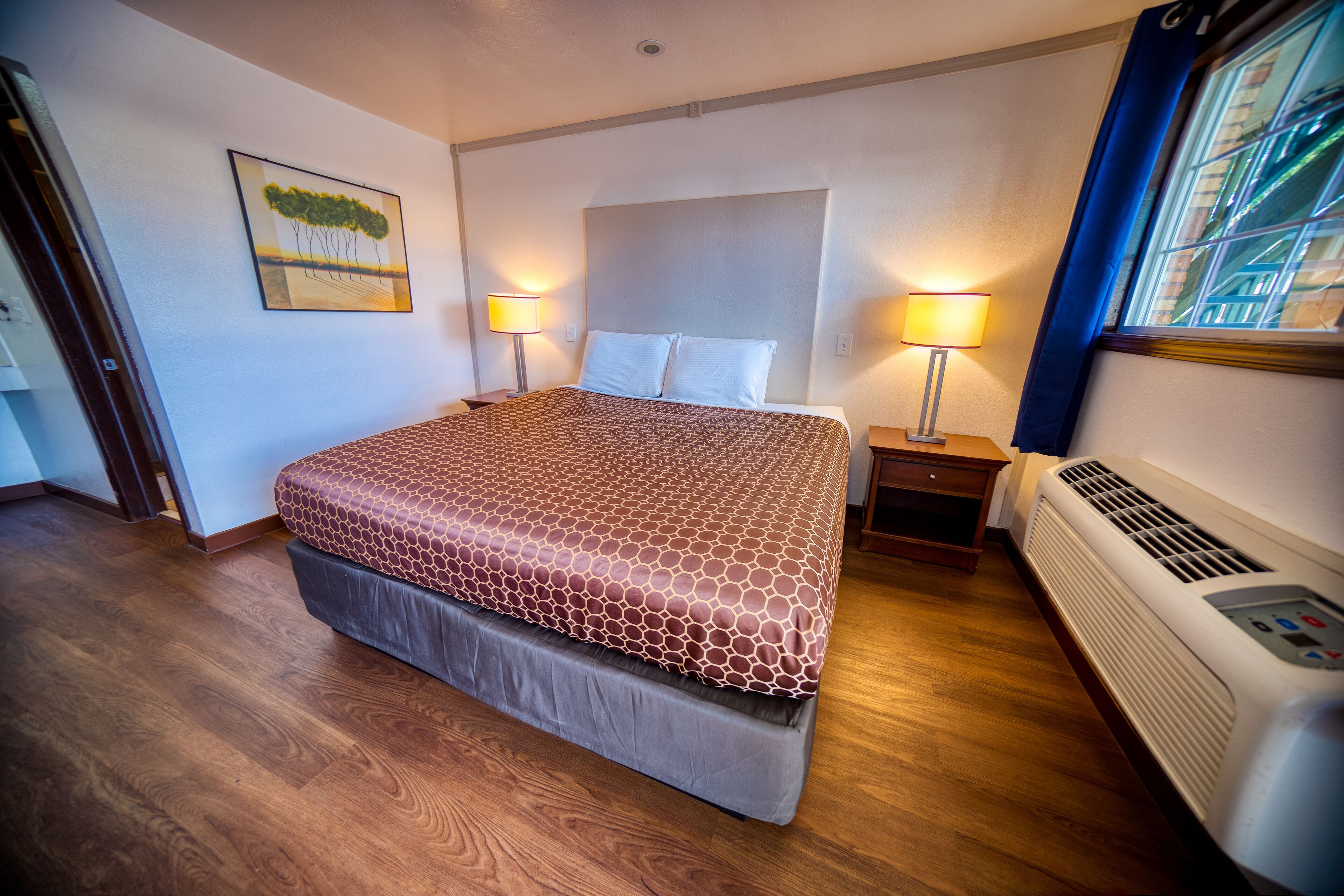 Une chambre d’hôtel avec un grand lit, deux tables de chevet, un radiateur et une fenêtre avec des rideaux.