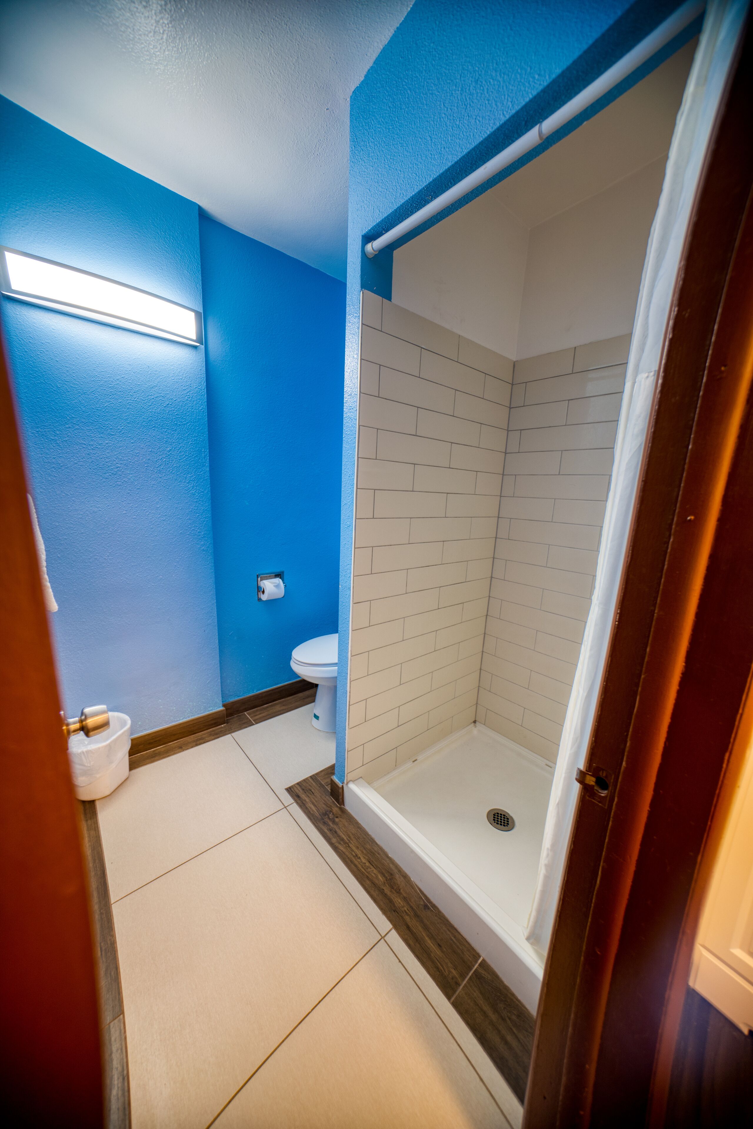 Un baño con paredes azules, inodoro blanco y ducha a ras de suelo con azulejos blancos.