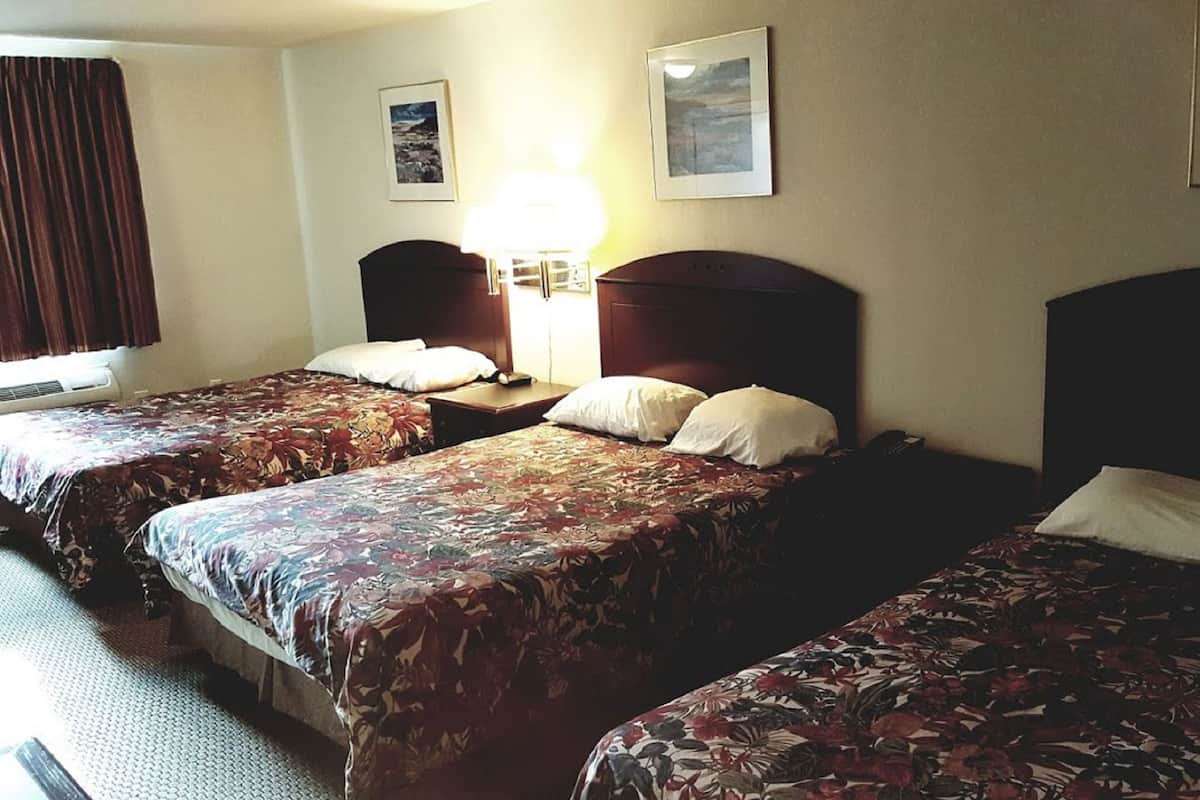 Une chambre d’hôtel avec deux lits, chacun recouvert d’une couvre-lit à motifs floraux et agrémenté d’oreillers blancs. Deux tableaux encadrés ornent le mur, il y a une fenêtre avec des rideaux et une lampe sur la table de chevet.