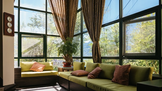 Una habitación con un sofá verde, una mesita con una planta en maceta y ventanas grandes con cortinas.