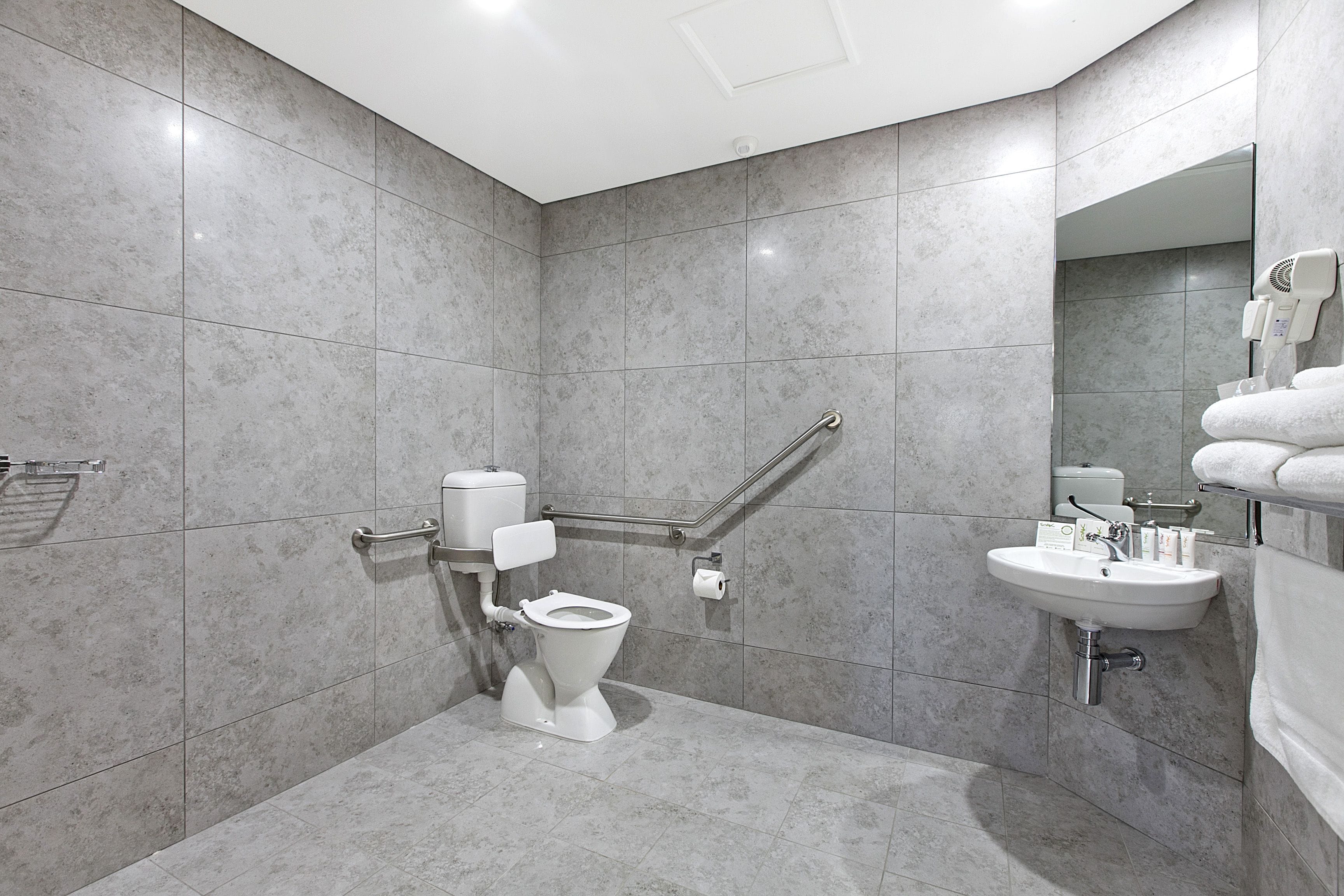 A modern bathroom with a toilet, grab bars, a sink, and a mirror.