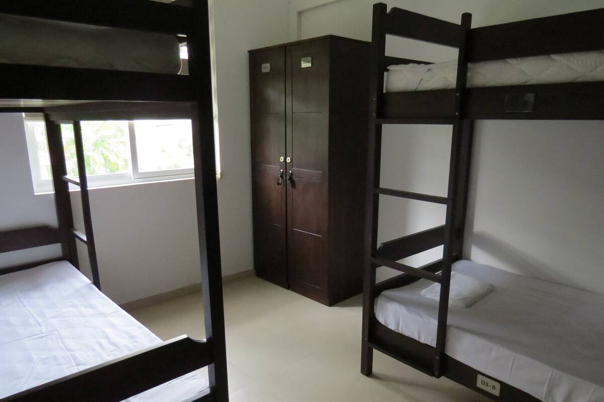 A dormitory room with bunk beds, a wardrobe, and a window.