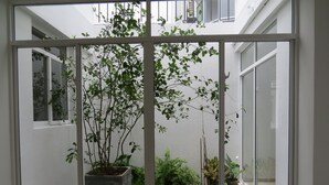 A view through a window of a courtyard with a potted plant and a brick floor. - Chapelton House (Colombo)