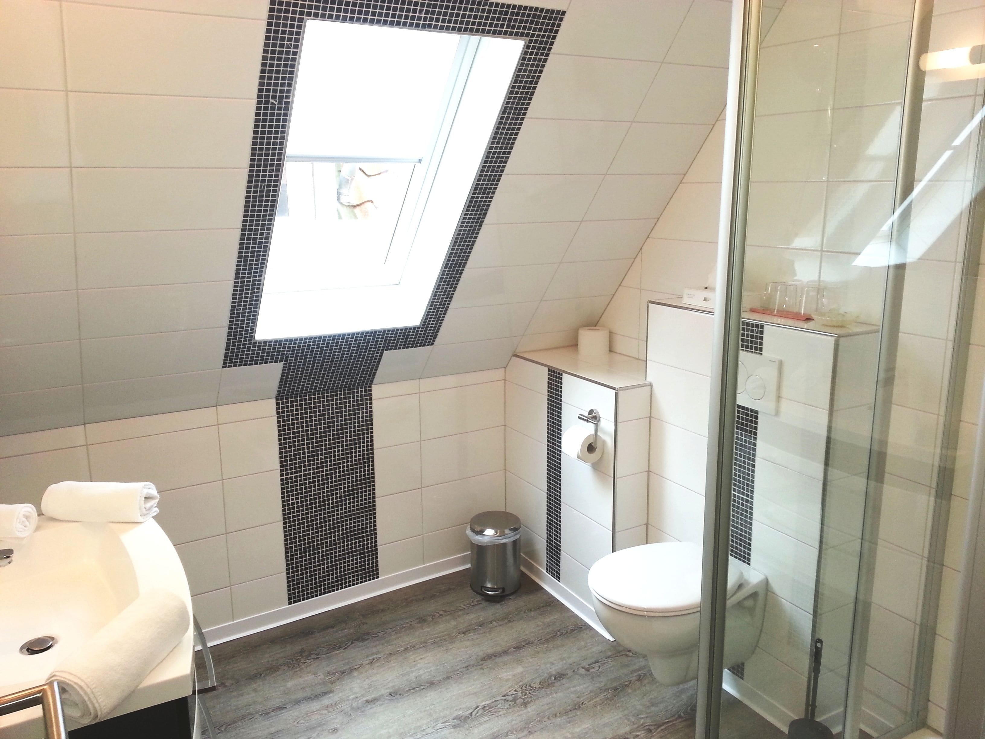 A bathroom with a skylight, a toilet, a sink, and a shower area.