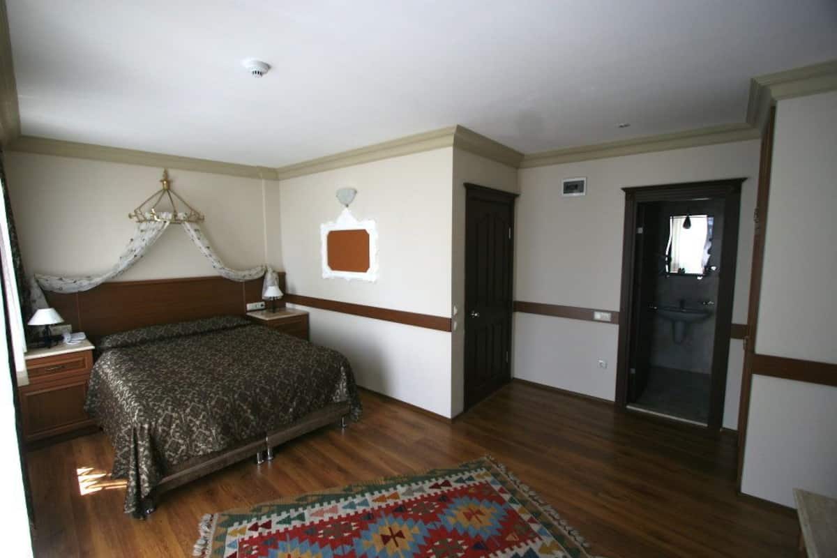 Une chambre à coucher avec un lit, une table de chevet et un petit tapis.