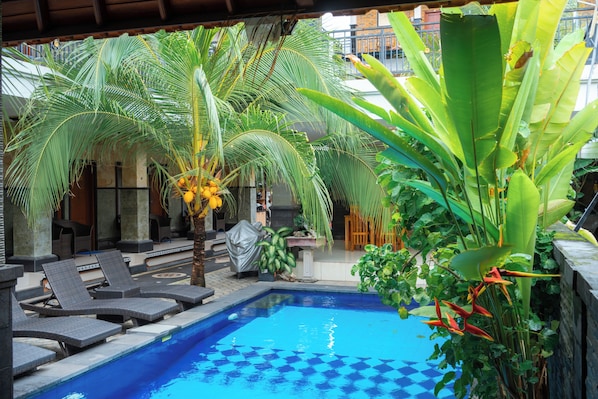 Outdoor pool, pool loungers