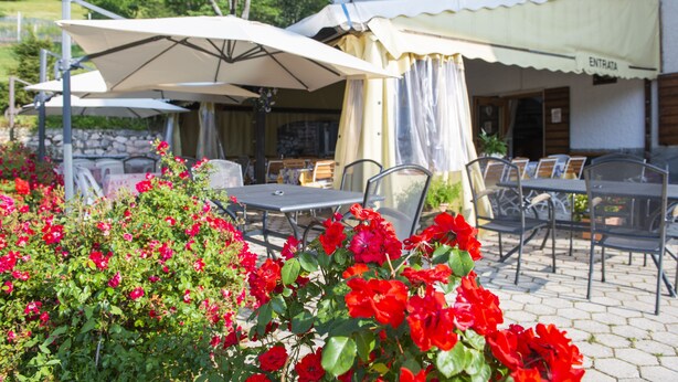 An outdoor seating area with tables and chairs under umbrellas, surrounded by red flowers. - Rifugio Monte Baldo (Avio)