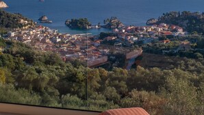 A terrace with a view of the sea and a town.