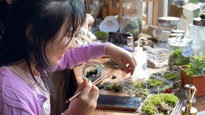 Une personne examine un petit pot contenant des plantes, sur une table où sont disposés divers outils et contenants de jardinage.