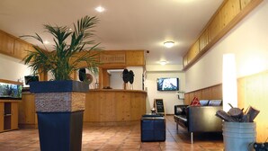 A reception area with a wooden reception desk, a large potted plant, a television, and a fireplace.