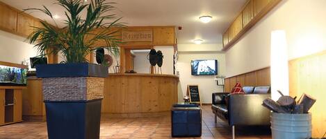 Un espace d’accueil comprenant un comptoir de réception en bois, une grande plante en pot, un téléviseur et une cheminée.