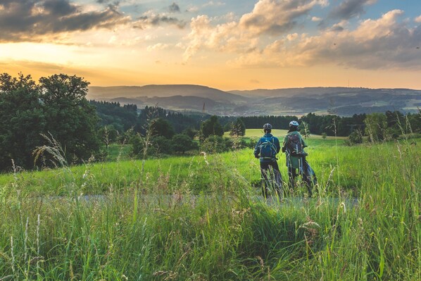 Two people standing in a grassy field with a scenic view of hills and trees in the background. - Landhotel Krone  (Deggenhausertal)