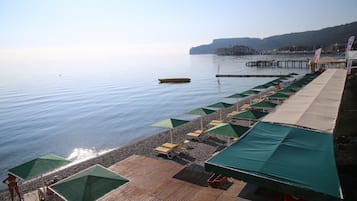 Privatstrand, weiĂer Sandstrand, LiegestĂŒhle, Sonnenschirme