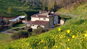 A stone house with a tiled roof, surrounded by lush greenery and a field of yellow flowers. - Il Borghetto Andrea Tafi (Lamporecchio)