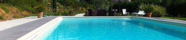 Seasonal outdoor pool, pool umbrellas, pool loungers