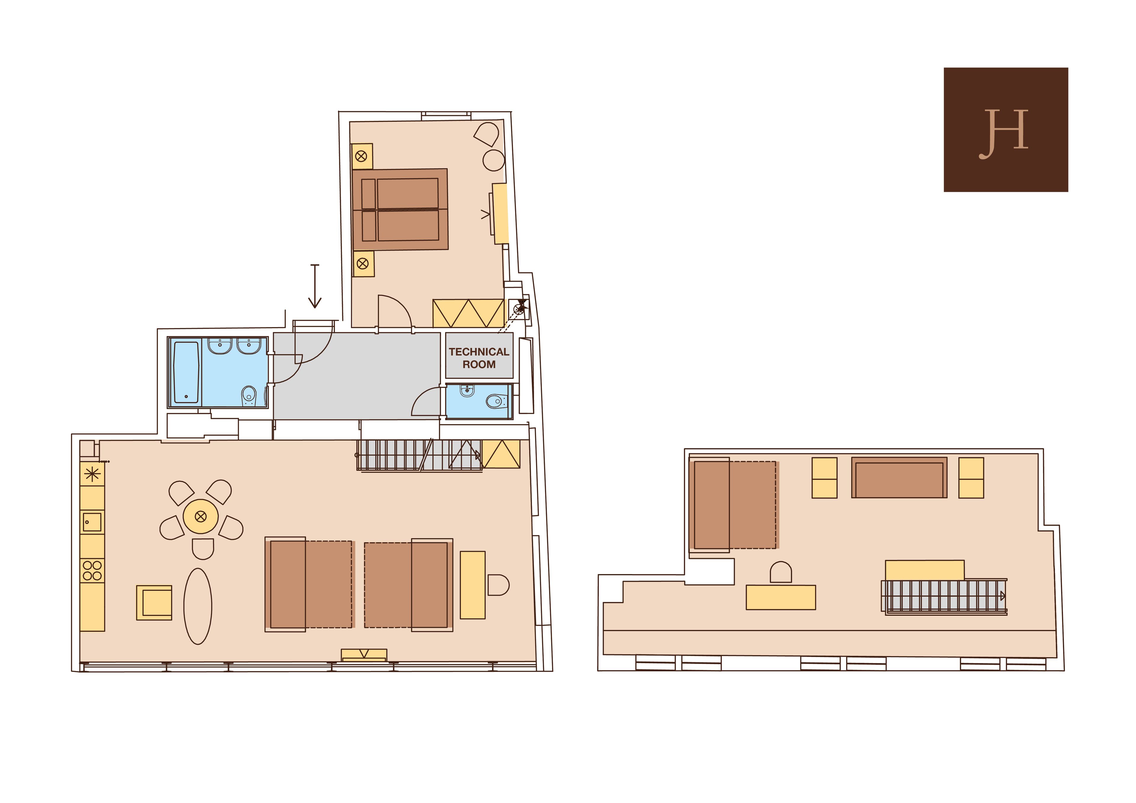 duplex apartment with kitchen (120 m2) | floor plan