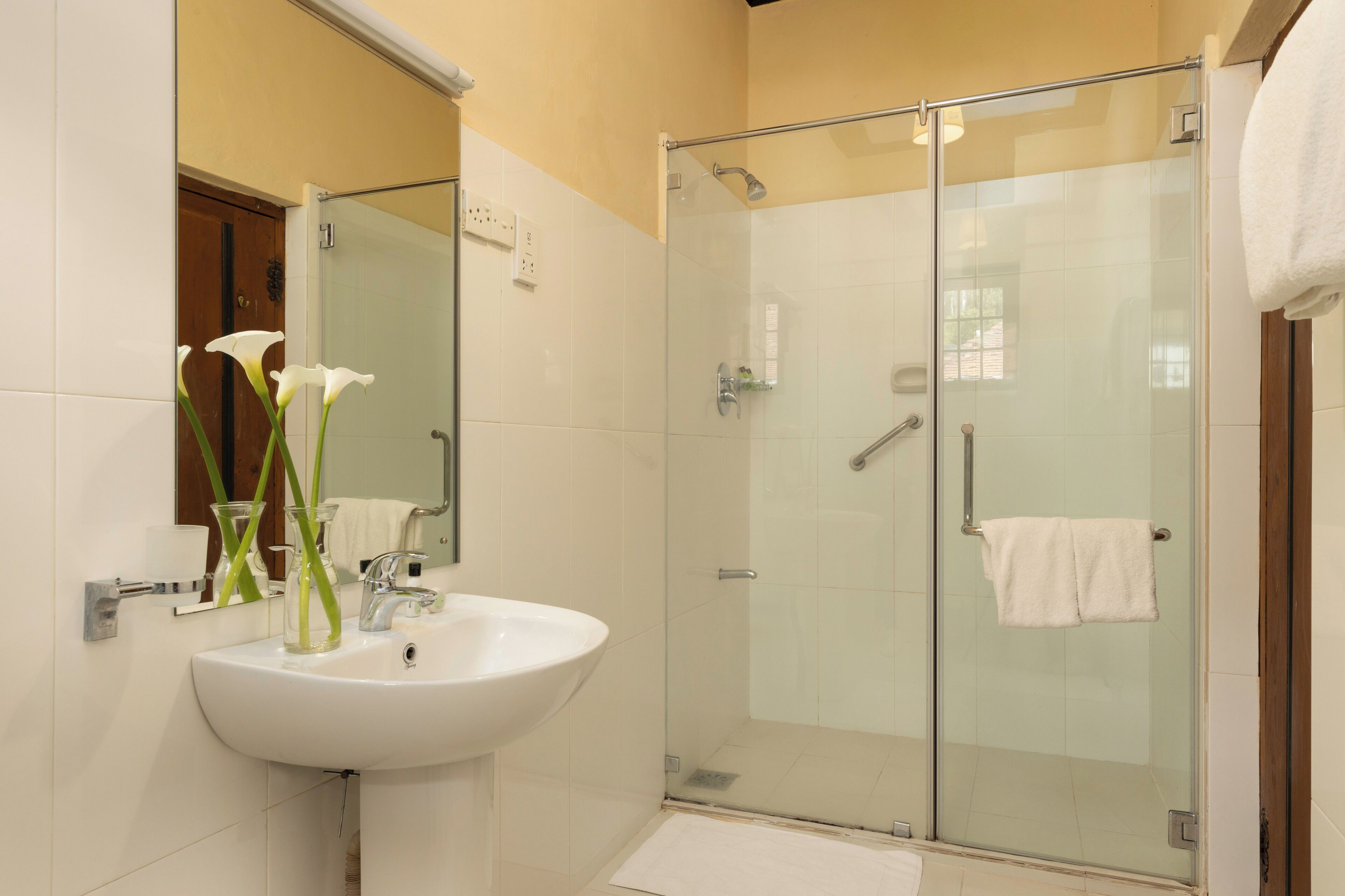 A bathroom with a glass-enclosed shower, a white sink, and a mirror.