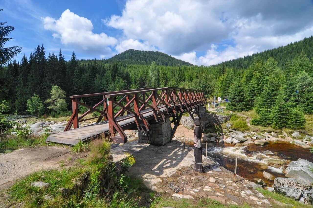 Een houten brug over een beek met rotsen in een bebost gebied.