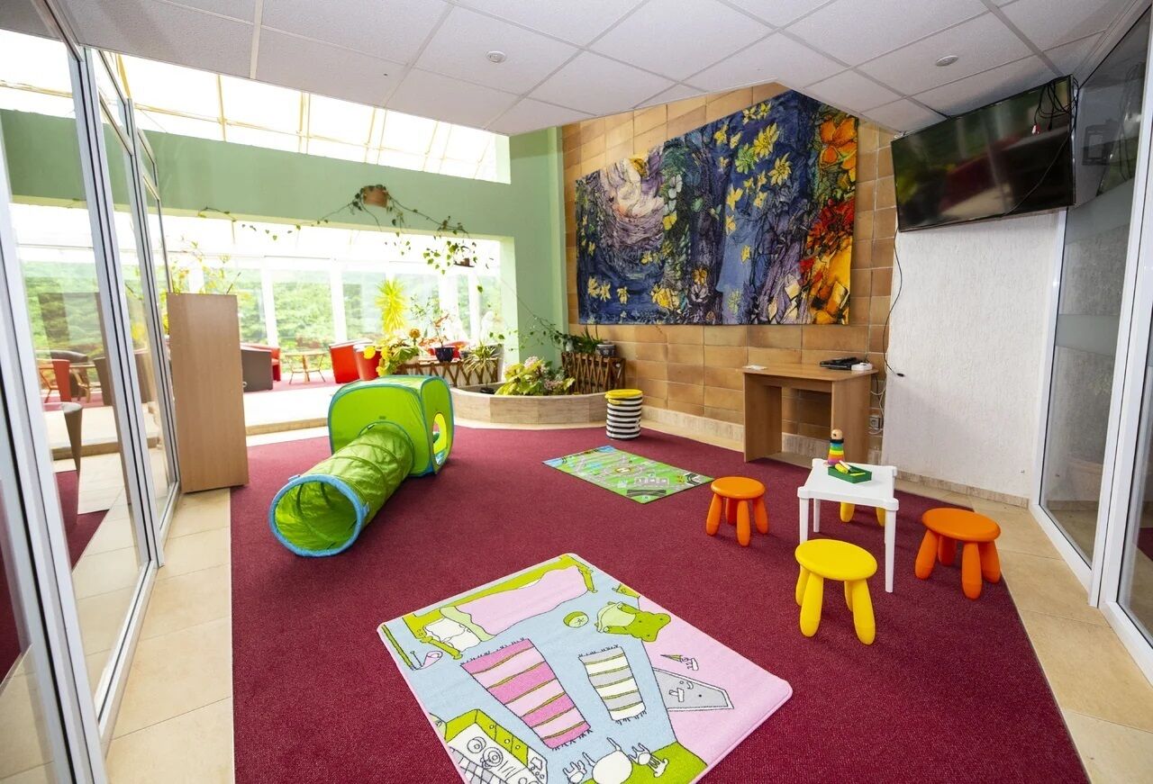A brightly lit room with a large window, a green tunnel play structure, colorful rugs, and a large abstract painting on the wall.